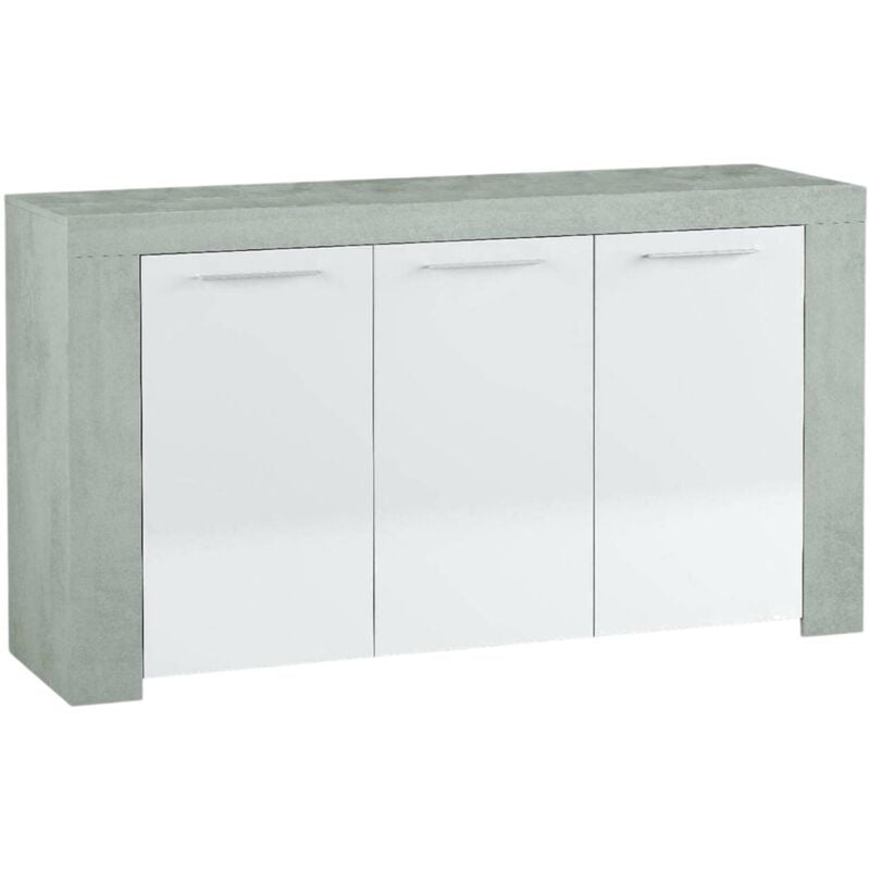Anrichte Dalbier, Modernes Sideboard mit 3 Türen, Buffet im Wohnzimmer, Fernsehschrank, Sideboard für Wohnzimmer, 144x42h80 cm, Beton und Weiß - Dmora