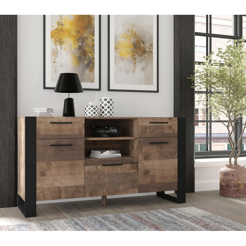 Kommode nuka c 155x45x87 cm Eiche Grange mit 2 Schubladen, 2 offenen Fächern, 3 Türen, Kommode für das Wohnzimmer, großer Stauraum