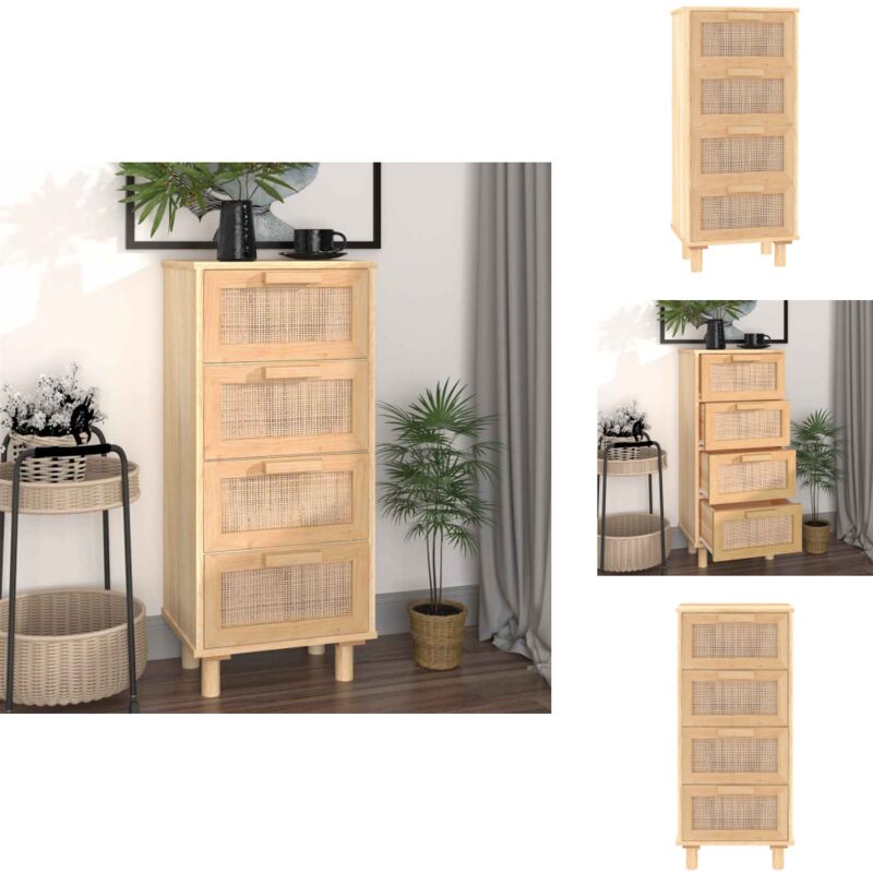 Sideboard Braun 40x30x90 cm Massivholz Kiefer und Natur-Rattan - Sideboard - Wohnzimmermöbel - Holzmöbel - Rattanmöbel - Schubladenschrank