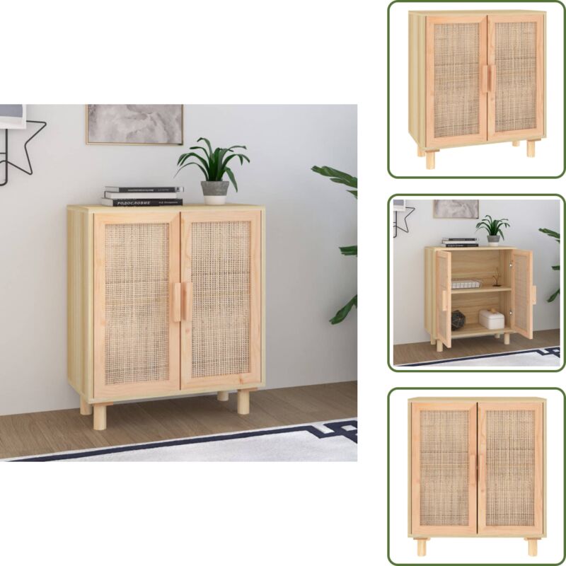 Sideboard Braun 60x30x70 cm Massivholz Kiefer und Natur-Rattan - Sideboard - Wohnzimmermöbel - Holzmöbel - Rattanmöbel - Schreibtisch
