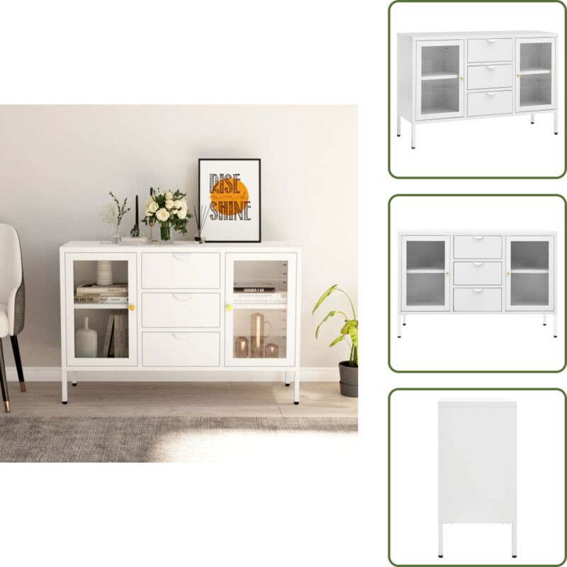 Sideboard Weiß 105x35x70 cm Stahl und Hartglas - Schreibtisch - Wohnzimmermöbel - Sideboard - Regal - Aufbewahrung