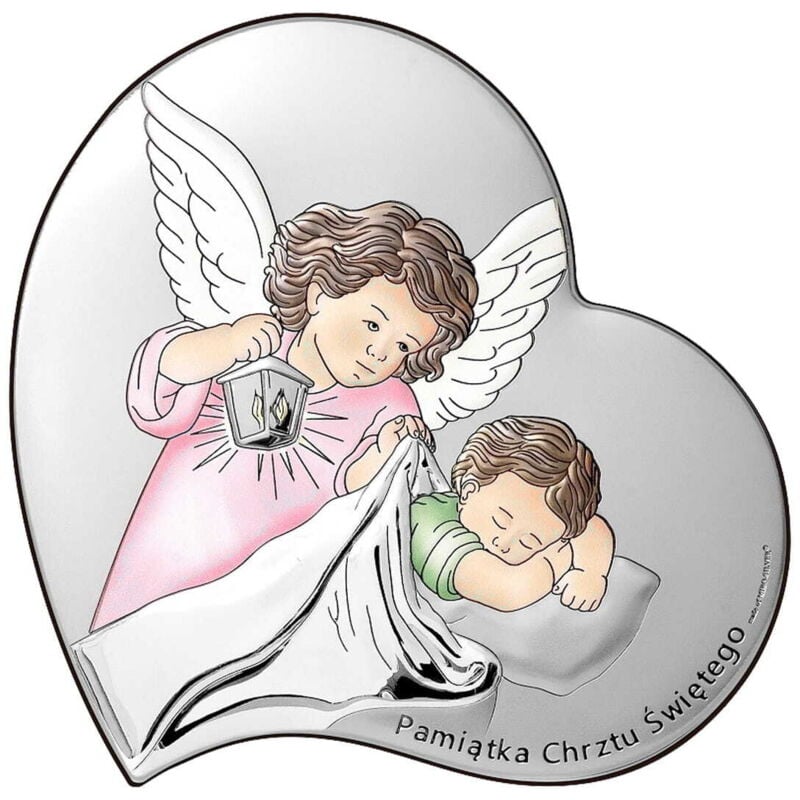 Silberbild, Andenken zur Taufe, Herz mit Engel, rosa + Gravur 6748S-RC 7 x 7 cm