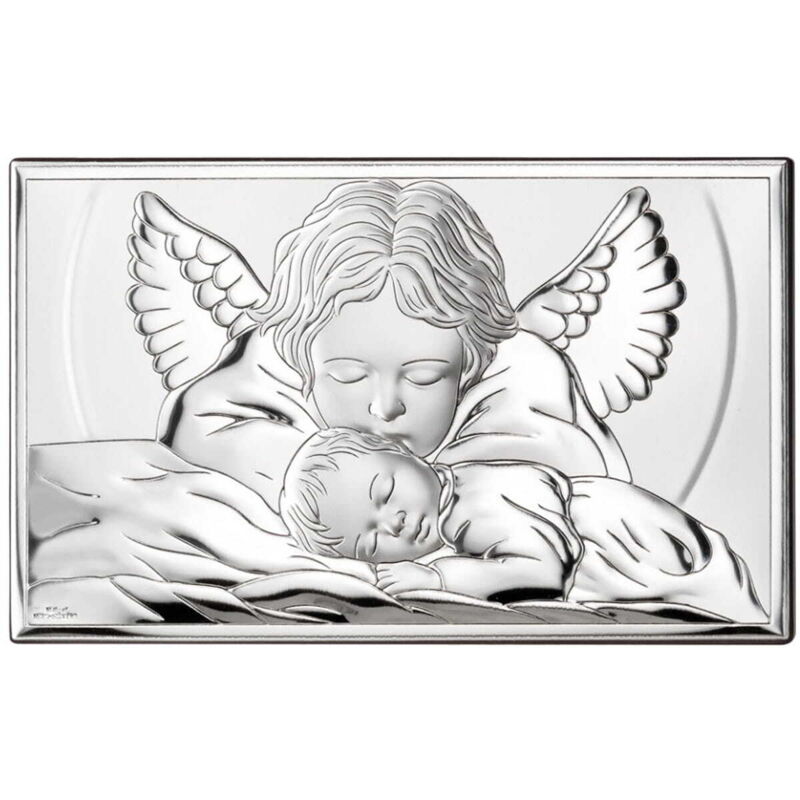 Silbernes Bild mit Schutzengel, Erinnerung an Taufe, Kommunion, Geburtstag 81288 11 x 6,5 cm