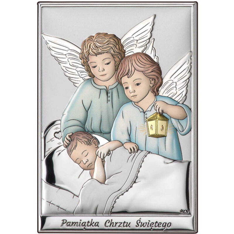 Silberfarbenes Bild von Engeln über einem Kind, ein Andenken an die Heilige Taufe DS09C 10 x 14 cm