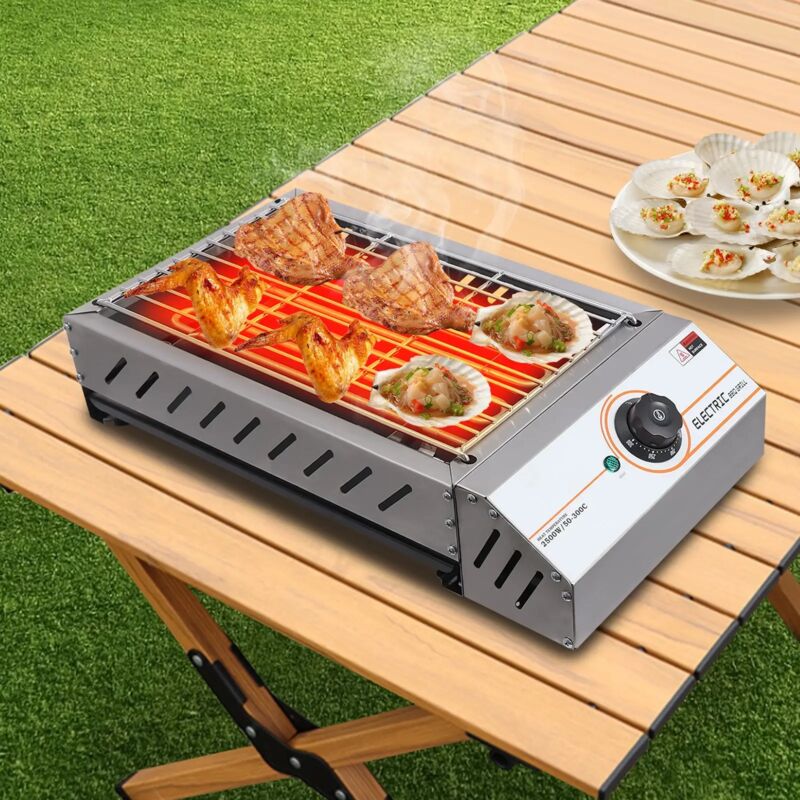 Silberner Elektrogrill, 220 V, 2,5 kW, Tischgrill, Temperatur einstellbar von 50 bis 300 °C, für Camping, Grillen im Freien, Terrasse und Garten