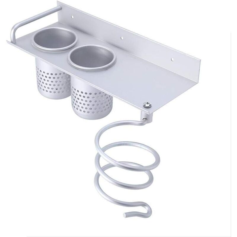 Silberner Wandorganizer (29×12×10 cm) aus Aluminium mit 2 Bechern: Aufbewahrung für Föhn + Zahnbürsten