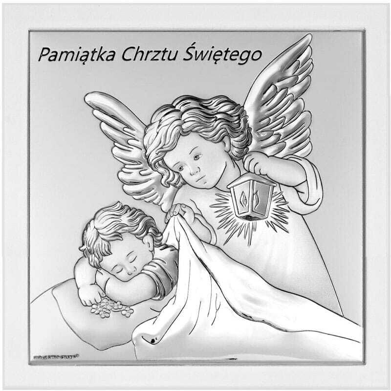 Silbernes Bild eines Engels mit Laterne, weißer Rahmen, Andenken an die Heilige Taufe 6733-W 14 x 14 cm