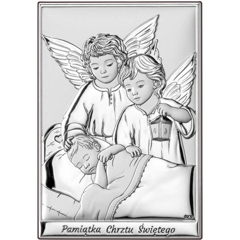 Silbernes Bild von Engeln über einem Kind, ein Andenken an die Heilige Taufe DS09 7 x 9,5 cm