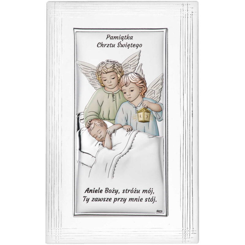Silbernes Bild von zwei bunten Engeln, dekorativer Rahmen, Andenken an die Heilige Taufe DS21F-C 12 x 19 cm