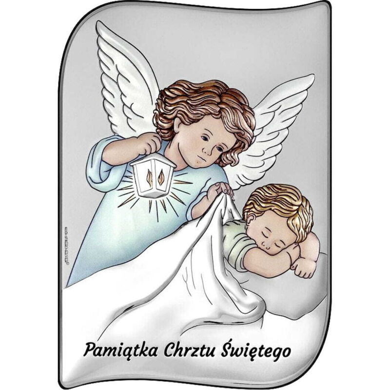 Silbernes Engelbild zur Taufe, koloriert mit Gravur 6784S-C 6,5 x 9 cm