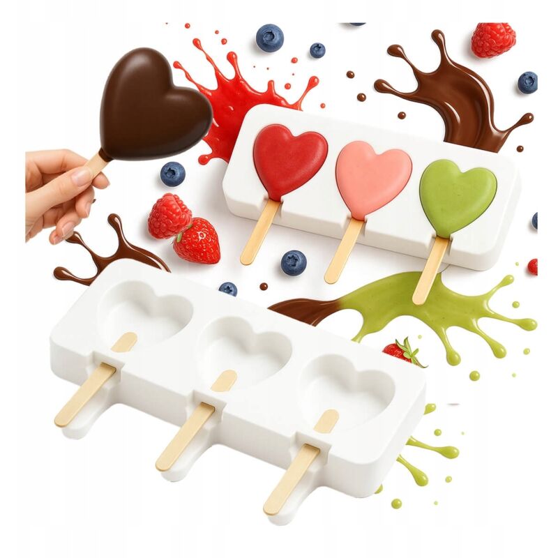 Silikon-Eisform HERZ 3-teilig + Stiele 50 Stück Eiscreme-Pralinen
