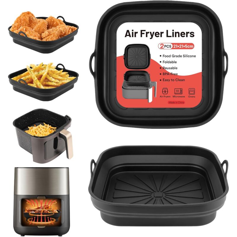 Silikonform für Luftfritteuse, 2 Stück, wiederverwendbare, faltbare quadratische Silikonform für Luftfritteuse, Mikrowelle, Backofen (schwarz)