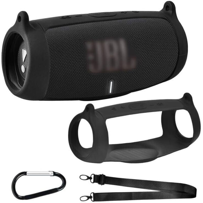 Silikonhülle für tragbaren Bluetooth-Lautsprecher jbl Charge 5, weiche Gel-Leder-Reise-wasserdichte Gummi-Tragetasche mit Schultergurt (schwarz)