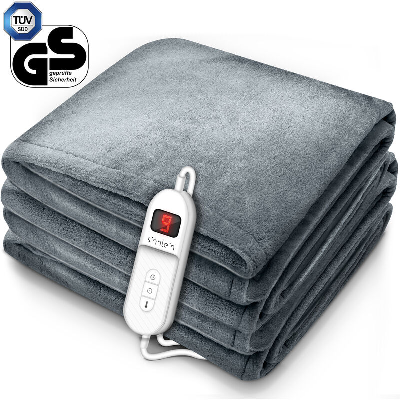 sinnlein® Heizdecke aus Plüsch 200 x 180 cm Hellgrau elektrische Wärmedecke mit Abschaltautomatik Kuscheldecke Timerfunktion 9 Temperaturstufen