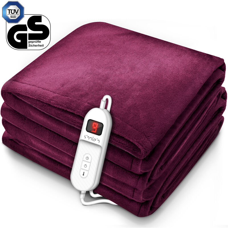 Heizdecke aus Plüsch 200 x 180 cm Weinrot tüv süd gs geprüft elektrische Wärmedecke mit Abschaltautomatik Kuscheldecke Timerfunktion 9