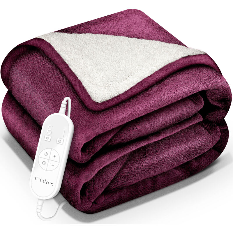 Heizdecke mit Abschaltautomatik 160x120cm Weinrot Elektrische Wärmedecke mit 9 Temperaturstufen Kuscheldecke waschbar Bett, Sofa Decke elektrisch mit