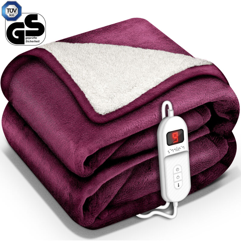sinnlein® Heizdecke mit Abschaltautomatik 200x180cm Weinrot Elektrische Wärmedecke mit 9 Temperaturstufen Kuscheldecke waschbar Bett, Sofa Decke