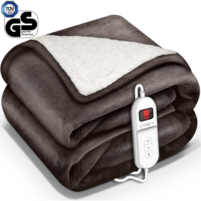 sinnlein® Heizdecke mit Abschaltautomatik 200x180cm Hellbraun Elektrische Wärmedecke mit 9 Temperaturstufen Kuscheldecke waschbar Bett, Sofa Decke