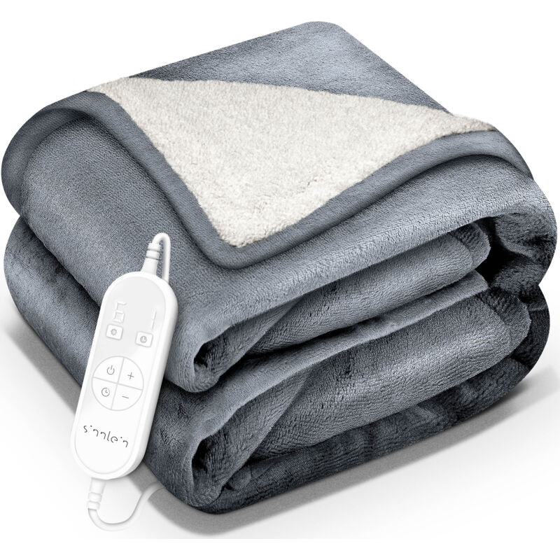 Heizdecke mit Abschaltautomatik 180x130cm Hellgrau Elektrische Wärmedecke mit 9 Temperaturstufen Kuscheldecke waschbar Bett, Sofa Decke elektrisch