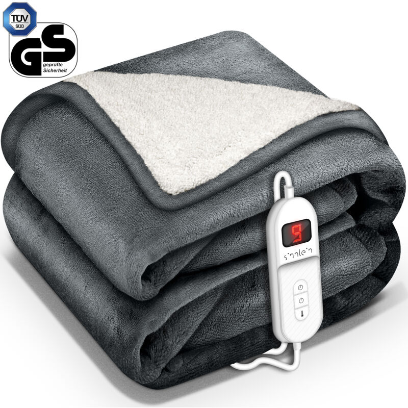 sinnlein® Heizdecke mit Abschaltautomatik 180x130cm Dunkelgrau Elektrische Wärmedecke mit 9 Temperaturstufen Kuscheldecke waschbar Bett, Sofa Decke