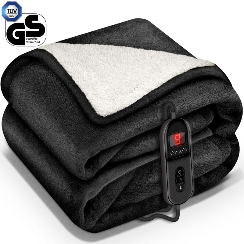 sinnlein® Heizdecke mit Abschaltautomatik 180x130cm Schwarz Elektrische Wärmedecke mit 9 Temperaturstufen Kuscheldecke waschbar Bett, Sofa Decke