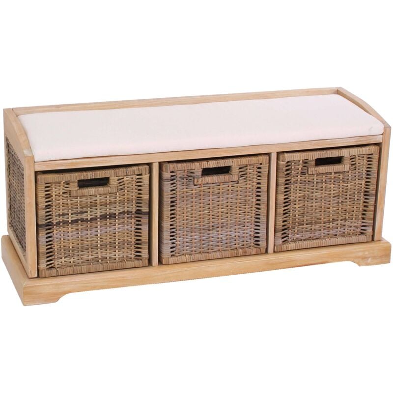 Sitzbank Adana, Aufbewahrungsbox, 3 Körbe, Kubu-Rattan-Geflecht, 112x46x37cm hell
