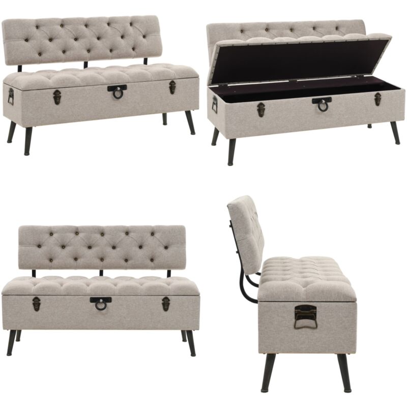 Sitzbank mit Stauraum und Rückenlehne 110cm Creme Stoff - Vintage Möbel - Aufbewahrungsbank - Wohnzimmer Dekoration - Esszimmer Möbel - Gästebett