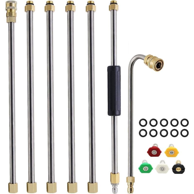 Sjlerst - 7er-Pack Hochdruckreiniger-Verlängerungsstab-Set, Hochdruckreiniger-Lanze, Dachrinnenreinigungswerkzeug, mit 5 Düsenspitzen (Silber)