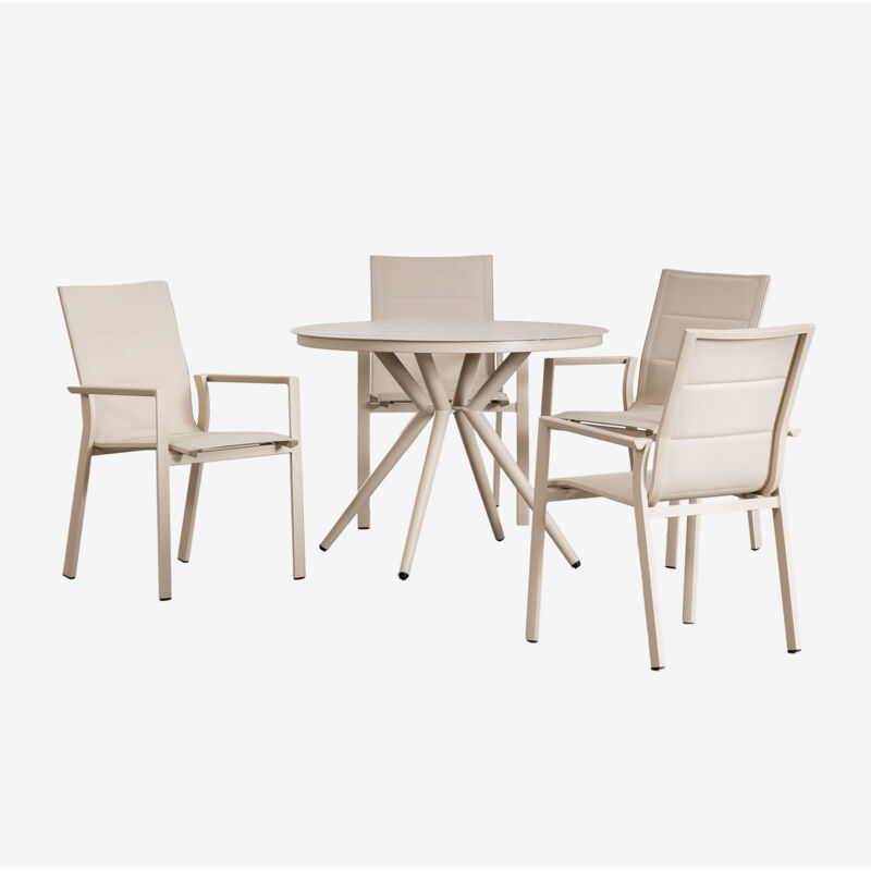Rundes Tischset (Ø100 cm) Valerie und 4 stapelbare Gartenstühle aus Karena-Aluminium Beige Tapioca - Sklum