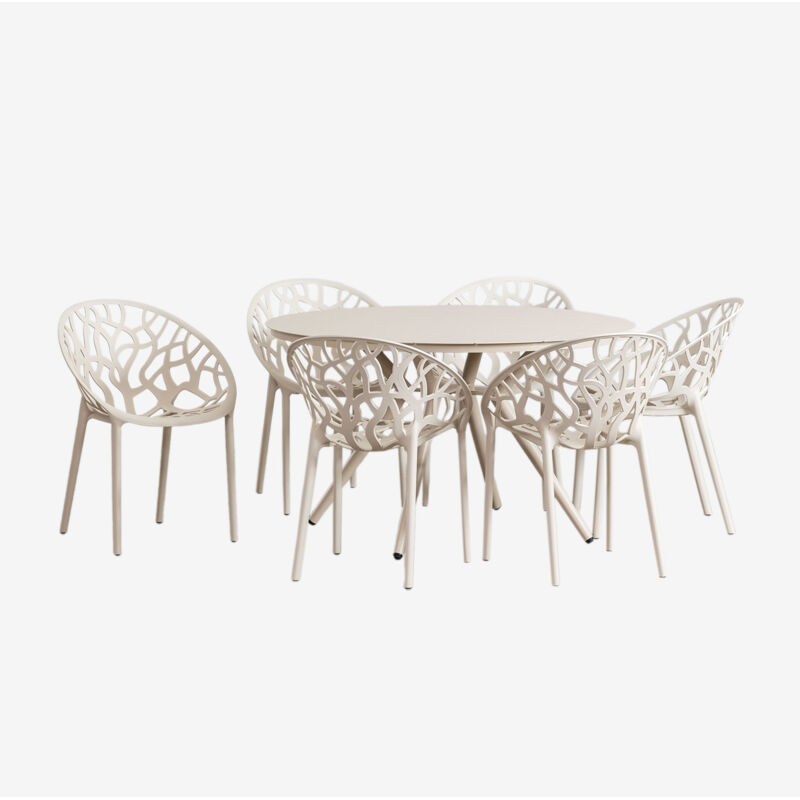 Rundes Valerie-Tischset aus Aluminium (Ø125 cm) und 6 Ores-Gartenstühle Beige Tapioca - Sklum