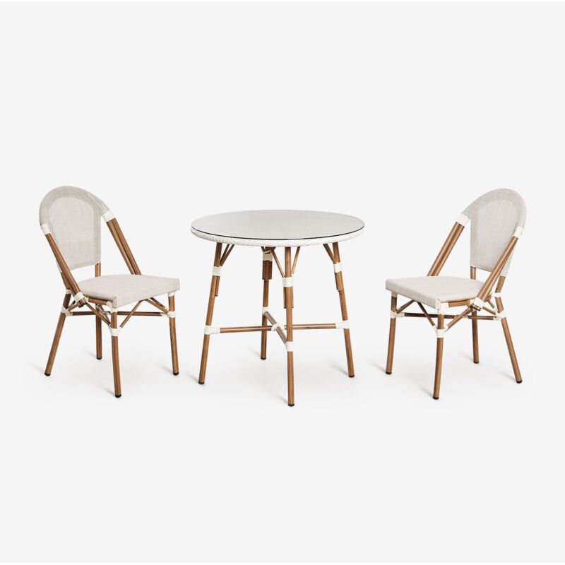 Brielle Bistro rundes Tischset (80 cm Durchmesser) und zwei stapelbare Aluminium-Gartenstühle Gardenia Weiß - Sklum