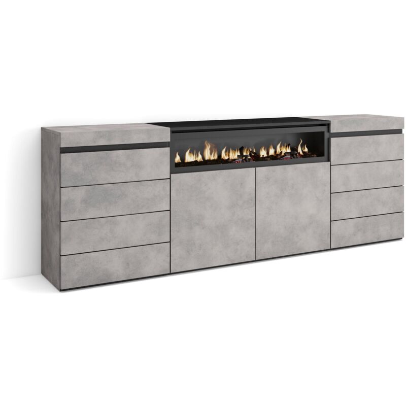 Kommode mit Schubladen, Aufbewahrungsschrank, 214x75x35 cm, Für Schlafzimmer, Zimmer, Elektrokamin., Moderner Stil, Zementgrau - Skraut Home