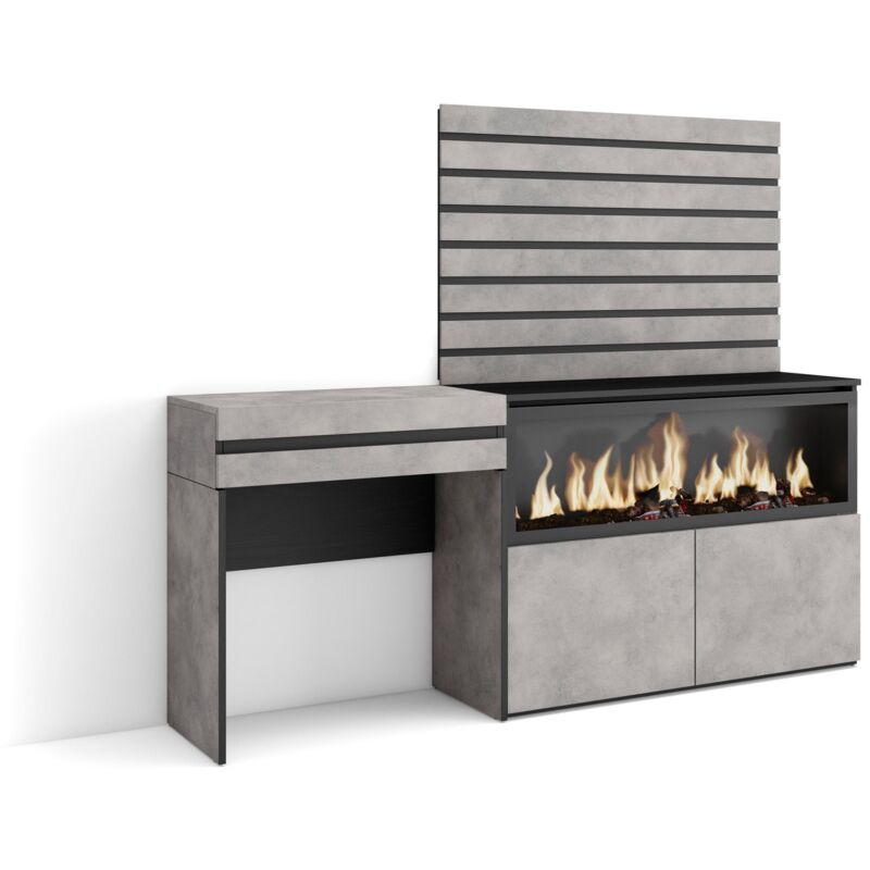 Skraut Home - Schminktisch, Frisiertisch mit Stauraum, 177x145x35 cm, mit Schublade, Elektrokamin XXL, Lamellenwand Holz, Moderner Stil, Zementgrau