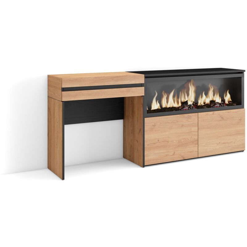 Schminktisch, Frisiertisch mit Stauraum, 177x75x35 cm, mit Schublade, Elektrokamin xxl, Moderner Stil, Eiche - Skraut Home