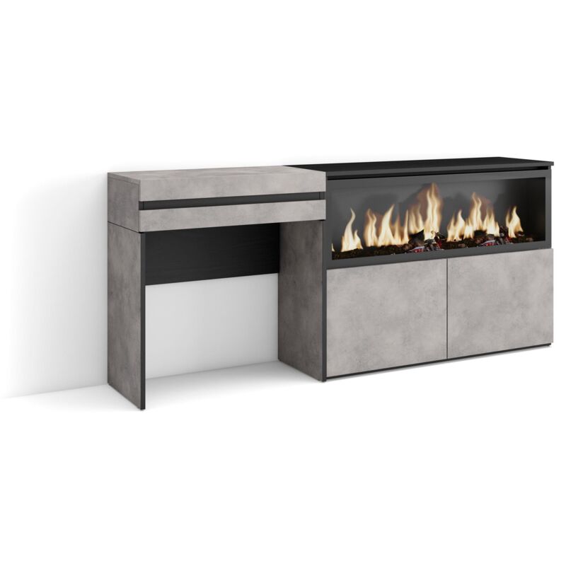Schminktisch, Frisiertisch mit Stauraum, 177x75x35 cm, mit Schublade, Elektrokamin xxl, Moderner Stil, Zementgrau - Skraut Home