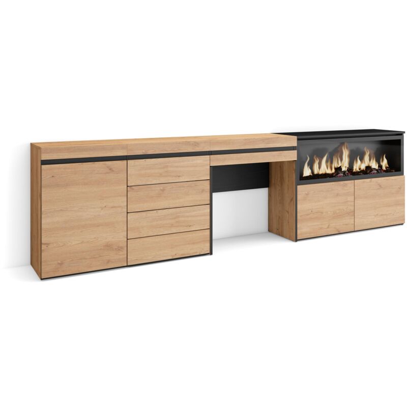 Schminktisch, Frisiertisch mit Stauraum, 284x75x35 cm, mit Schublade, Elektrokamin xxl, Kommode mit Schubladen, Moderner Stil, Eiche - Skraut Home