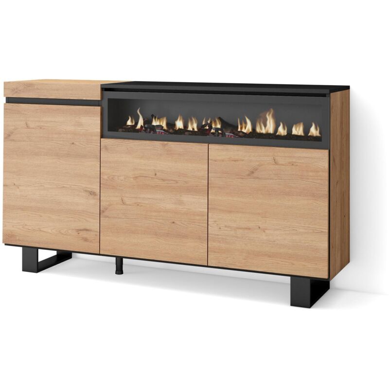 Skraut Home - Sideboard, Highboard, Kommode, Komodenschrank, 150x87x35cm, 3 Türen, Elektrokamin. Maße, Industriedesign, Moderner Stil, Eiche Schwarz