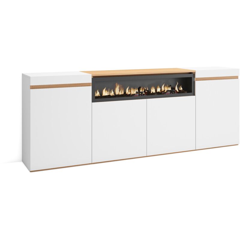 Skraut Home - Sideboard, Highboard, Kommode, Komodenschrank, 200x35x75cm, 4 Türen, Elektrokamin., Moderner Stil, Weiß und Eiche Soft