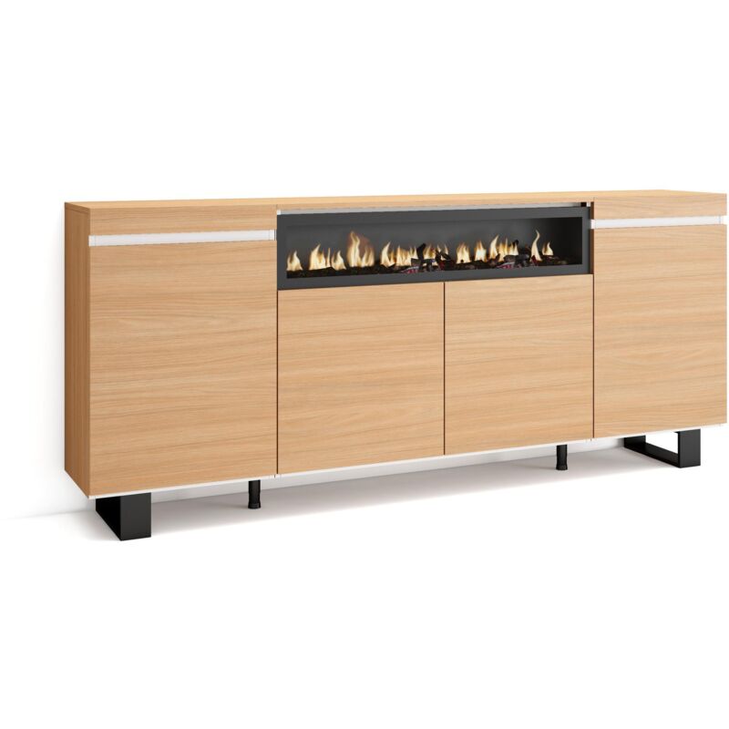 Sideboard, Highboard, Kommode, Komodenschrank, 200x35x87cm, 4 Türen, Elektrokamin., Industriedesign, Moderner Stil, Eiche Soft und weiß - Skraut Home