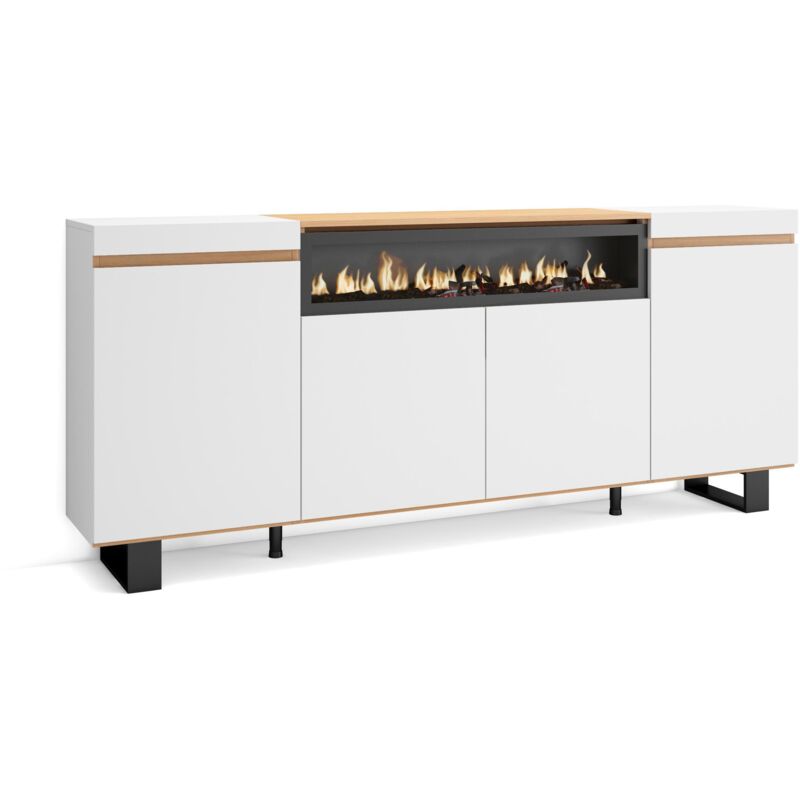 Skraut Home - Sideboard, Highboard, Kommode, Komodenschrank, 200x35x87cm, 4 Türen, Elektrokamin., Industriedesign, Moderner Stil, Weiß und Eiche Soft