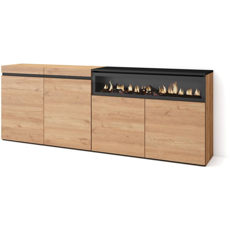 Sideboard, Highboard, Kommode, Komodenschrank, 200x75x35cm, 4 Türen, Elektrokamin. Maße, Moderner Stil, Eiche Schwarz - Skraut Home