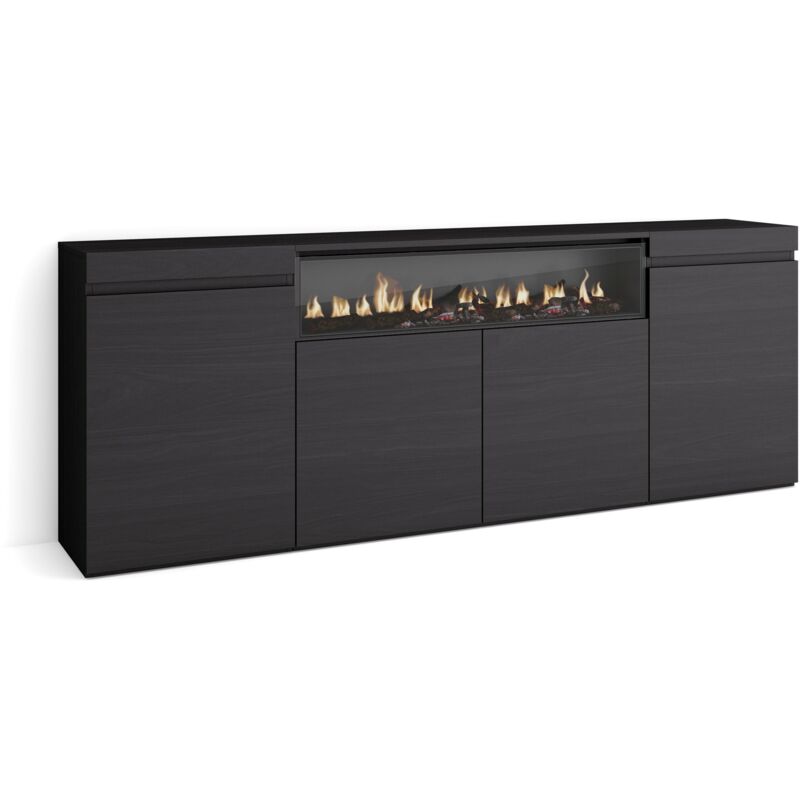 Sideboard, Highboard, Kommode, Komodenschrank, 200x75x35cm, 4 Türen, Elektrokamin. Maße, Moderner Stil, Schwarz - Skraut Home
