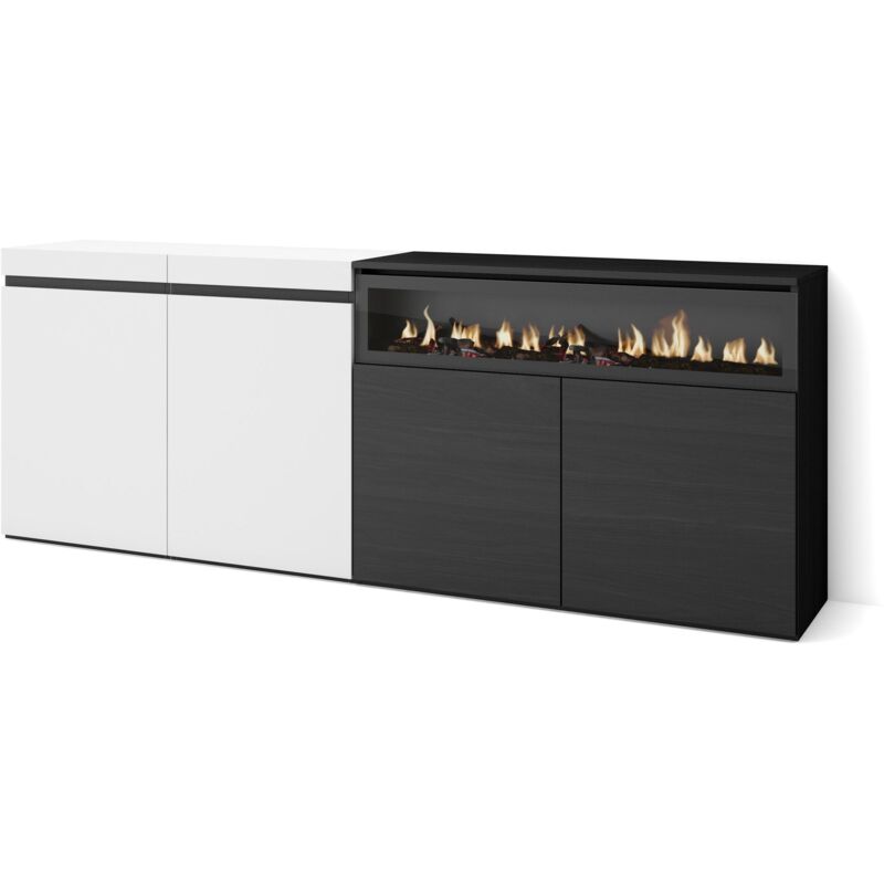 Skraut Home - Sideboard, Highboard, Kommode, Komodenschrank, 200x75x35cm, 4 Türen, Elektrokamin. Maße, Moderner Stil, Weiß und Schwarz
