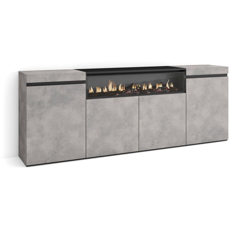 Sideboard, Highboard, Kommode, Komodenschrank, 200x75x35cm, 4 Türen, Elektrokamin. Maße, Moderner Stil, Zementgrau - Skraut Home