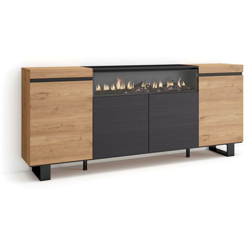 Skraut Home - Sideboard, Highboard, Kommode, Komodenschrank, 200x87x35cm, 4 Türen, Elektrokamin. Maße, Industriedesign, Moderner Stil, Eiche Schwarz