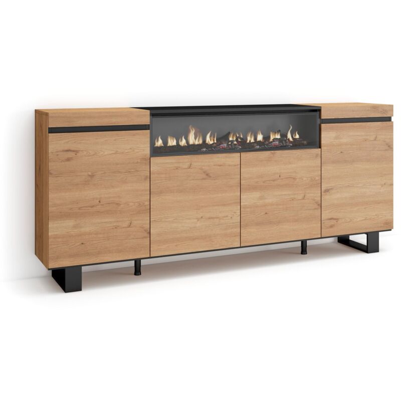 Sideboard, Highboard, Kommode, Komodenschrank, 200x87x35cm, 4 Türen, Elektrokamin. Maße, Industriedesign, Moderner Stil, Eiche Schwarz - Skraut Home