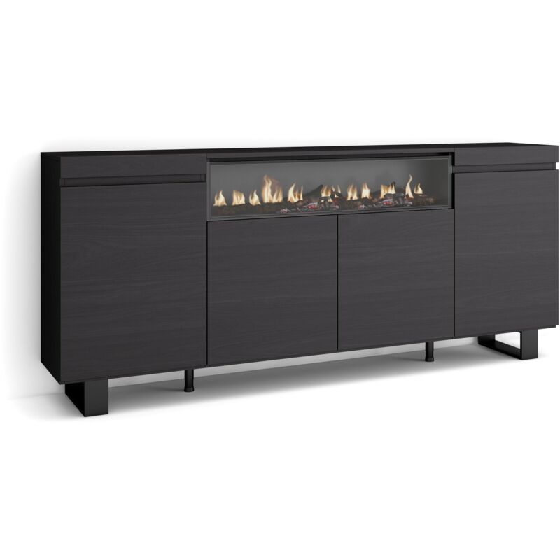 Sideboard, Highboard, Kommode, Komodenschrank, 200x87x35cm, 4 Türen, Elektrokamin. Maße, Industriedesign, Moderner Stil, Schwarz - Skraut Home