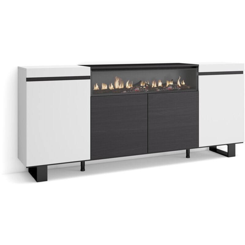 Sideboard, Highboard, Kommode, Komodenschrank, 200x87x35cm, 4 Türen, Elektrokamin. Maße, Industriedesign, Moderner Stil, Weiß und Schwarz - Skraut
