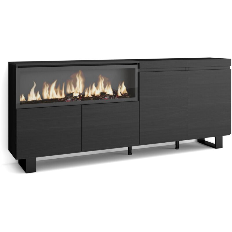Sideboard, Highboard, Kommode, Komodenschrank, 210, 4 Türen, Elektrokamin xxl, Industriedesign, Moderner Stil, Schwarz - Skraut Home