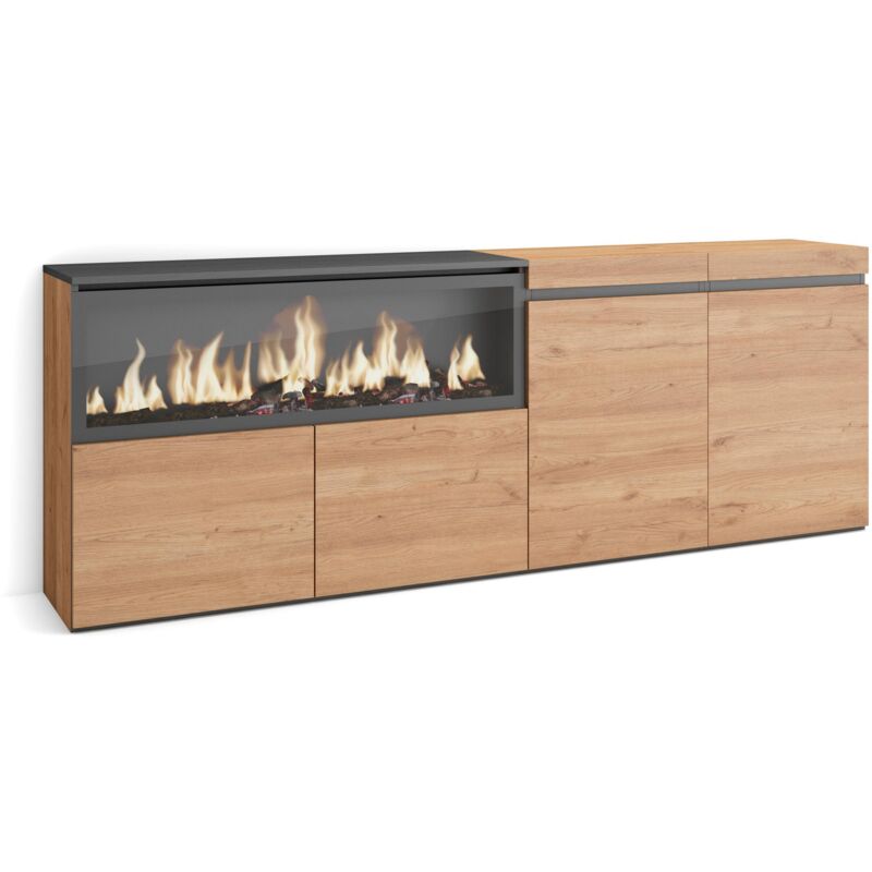 Sideboard, Highboard, Kommode, Komodenschrank, 210, 4 Türen, Elektrokamin xxl, Moderner Stil, Eiche - Skraut Home